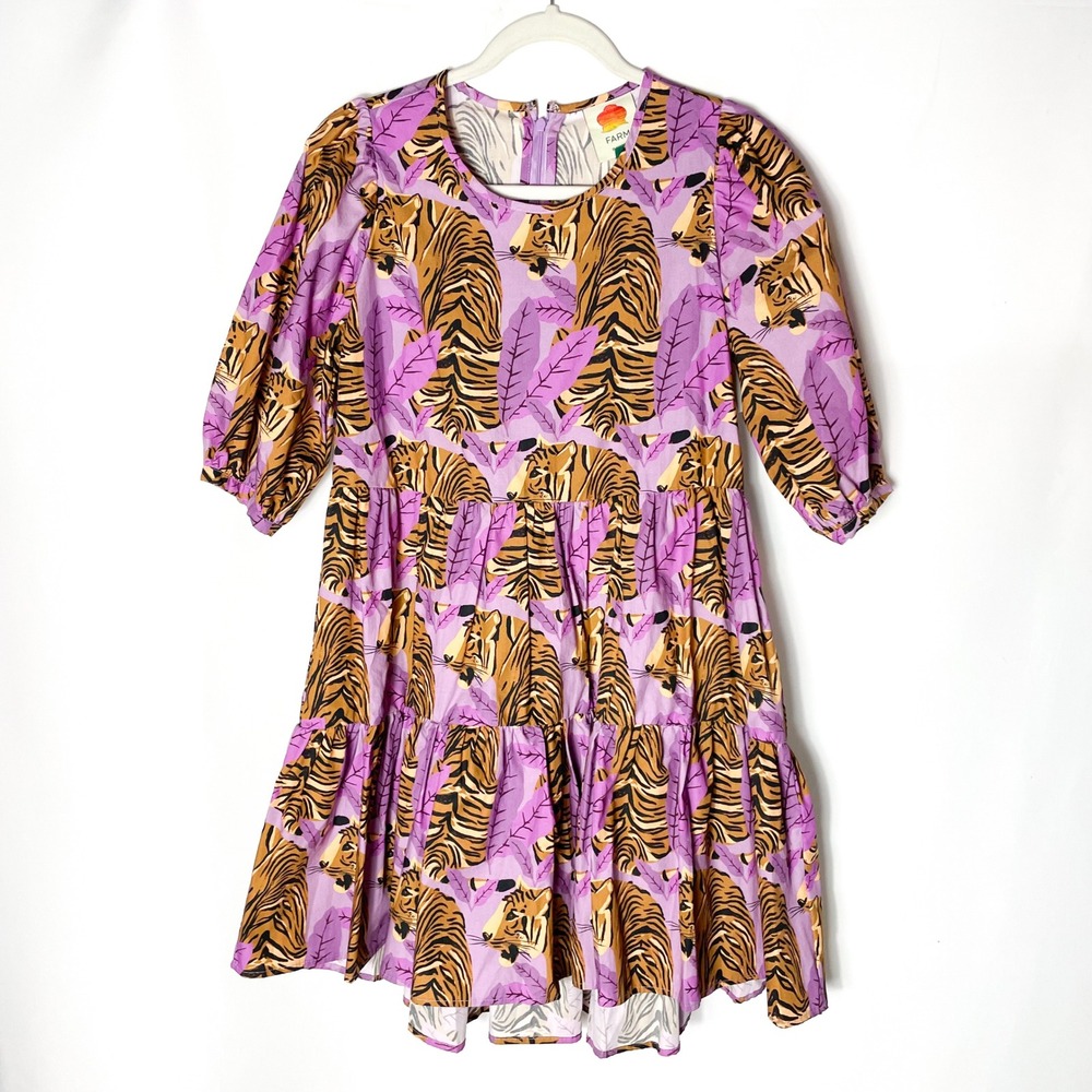 Farm‎ Rio Tiger Leaves Dress Purple Mini Tiered Short Puff Sleeve Casual Sz XS - Picture 2 of 9